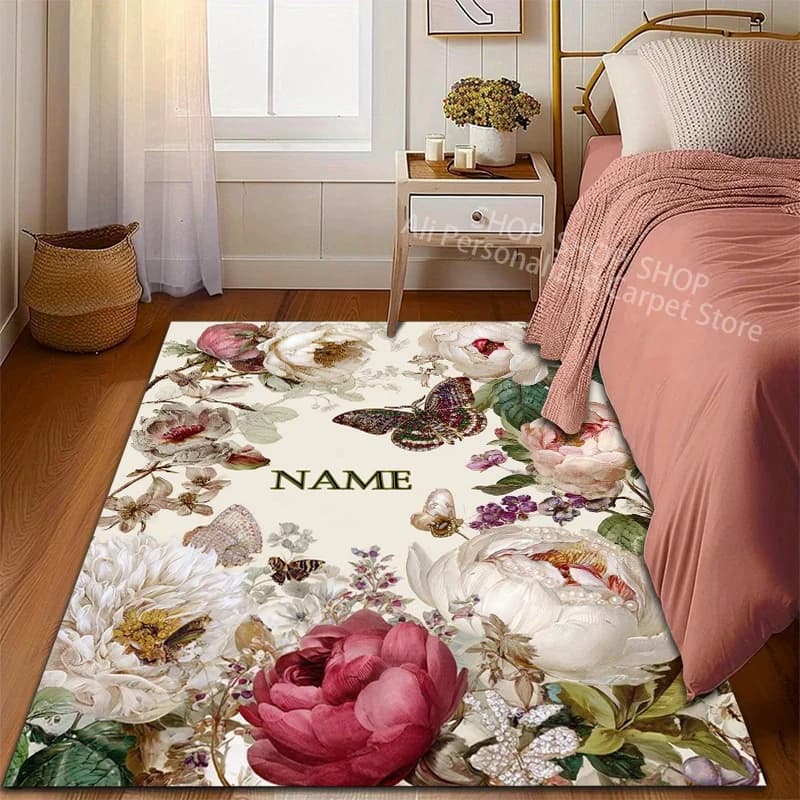 Personalized Name Custom Luxury Flowers Print Carpet for Living Room Bedroom Mat Sofa Doormat Floor Rug Home Decor