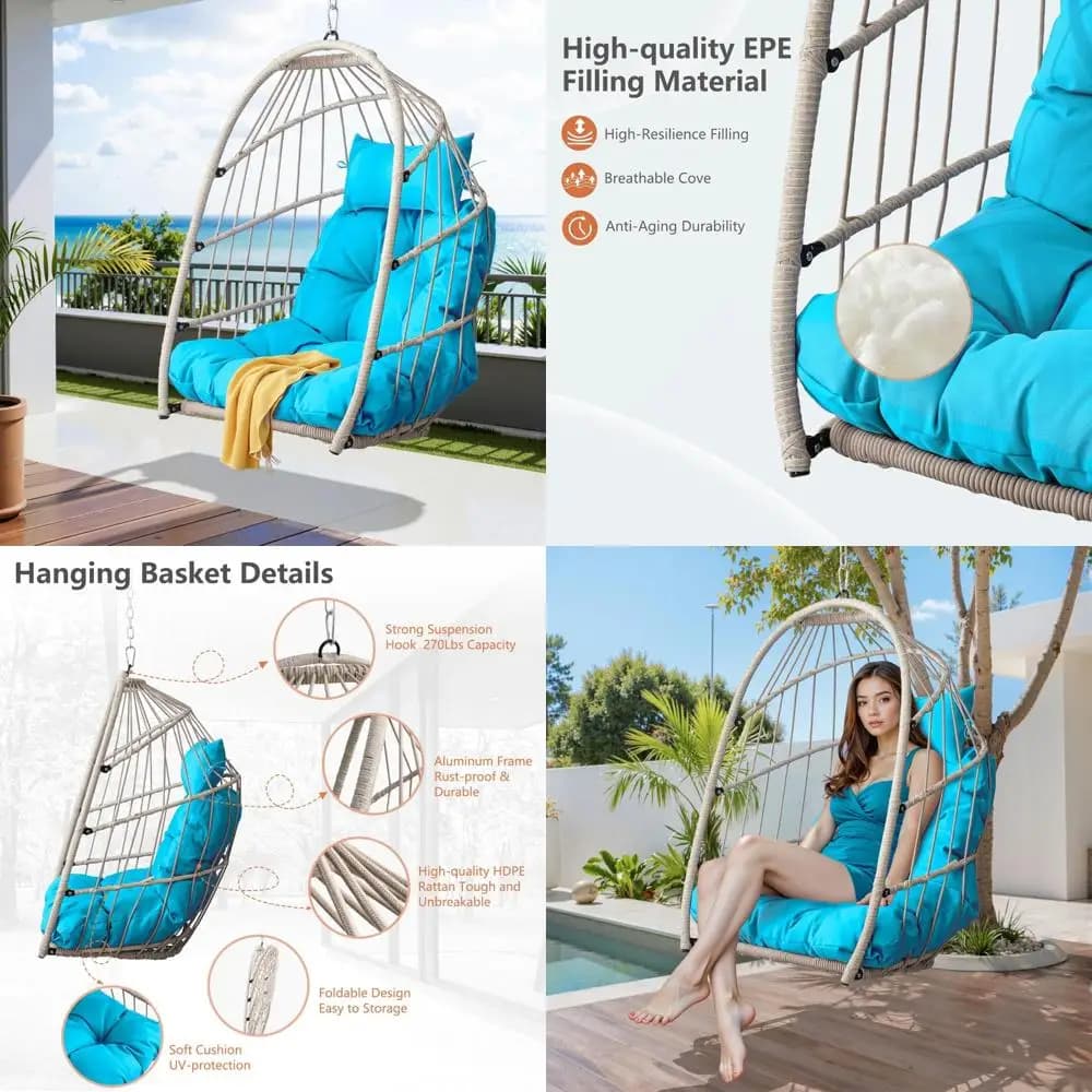 Foldable outdoor swing chair with HDPE and aluminum rattan frame, UV protection cushion, without support included