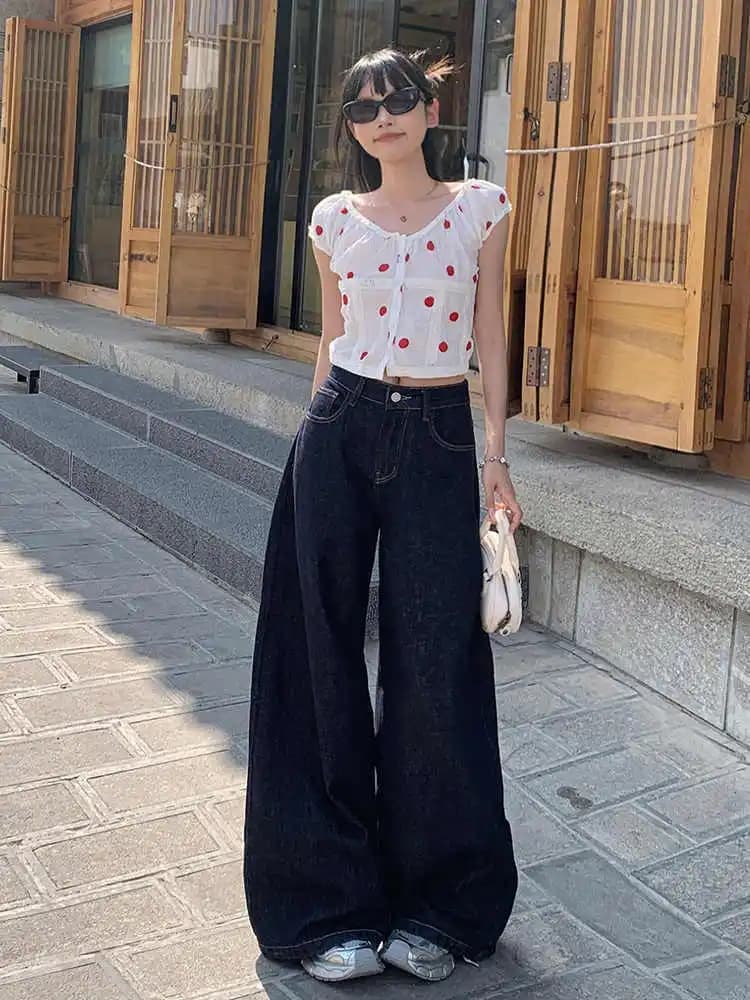 Deep Blue High Waist Wide Leg Denim Jeans Drapey Thin Loose Fitting Floor Length Pants Retro Style Fall Season Women's Fashion