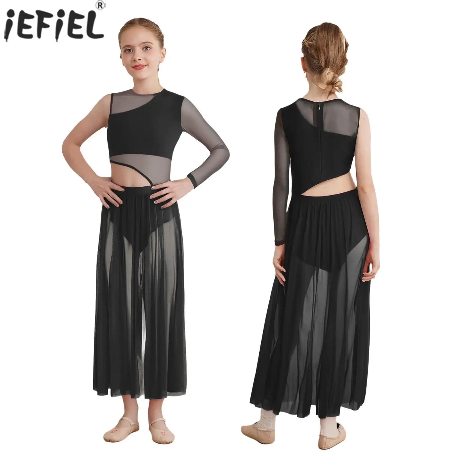 Vestito da ballo lirico moderno per ragazze per bambini Balletto contemporaneo Pattinaggio di figura Ginnastica Dancewear Lati divisi Body in rete trasparente