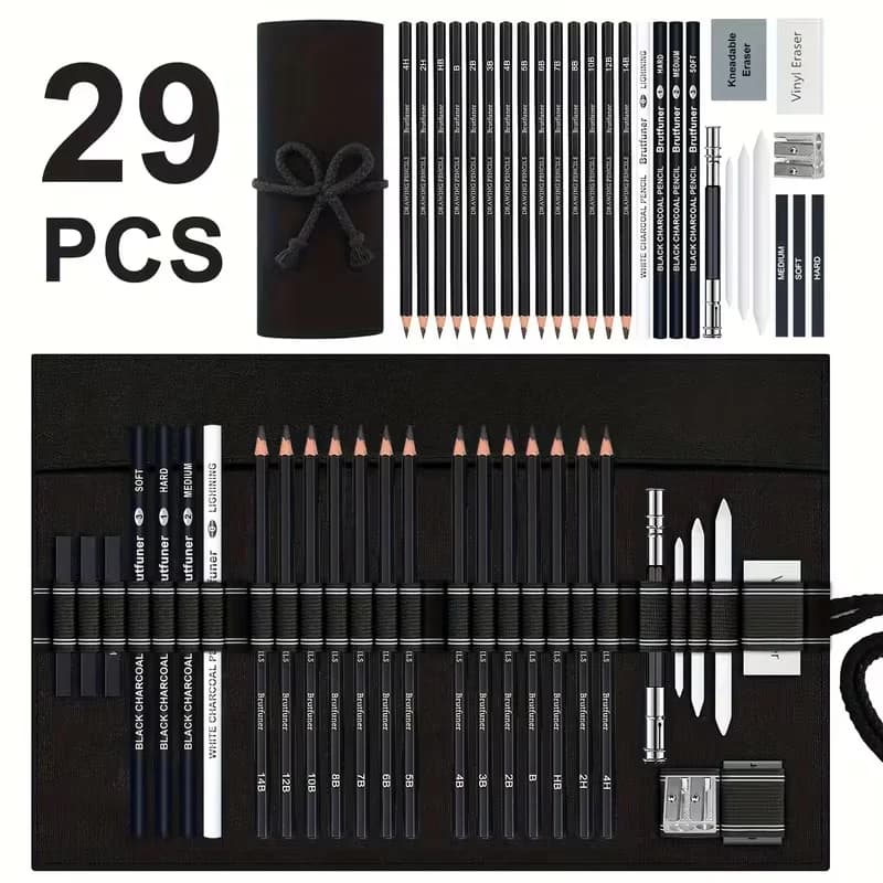 Brutfuner 18/29 Pro Professional Artist Sketching & Drawing Pencil Set with Charcoal, Erasers, Sharpener & Stumps