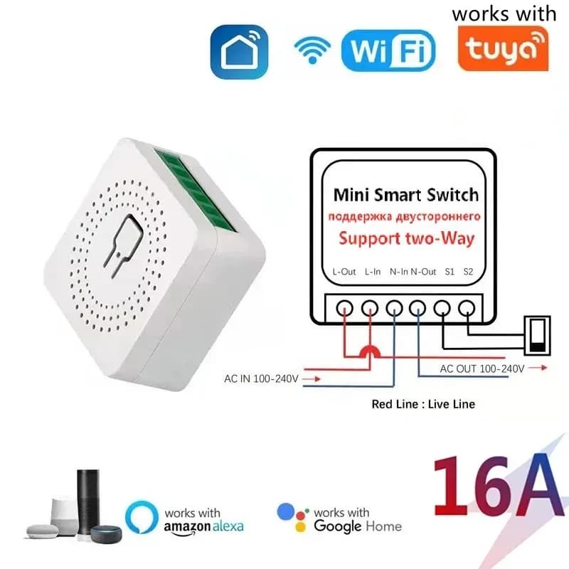 Tuya 16A WiFi Smart Switch Module 2-way Control Mini Switch Intelligent Life Switch Works with Alexa Google Alice