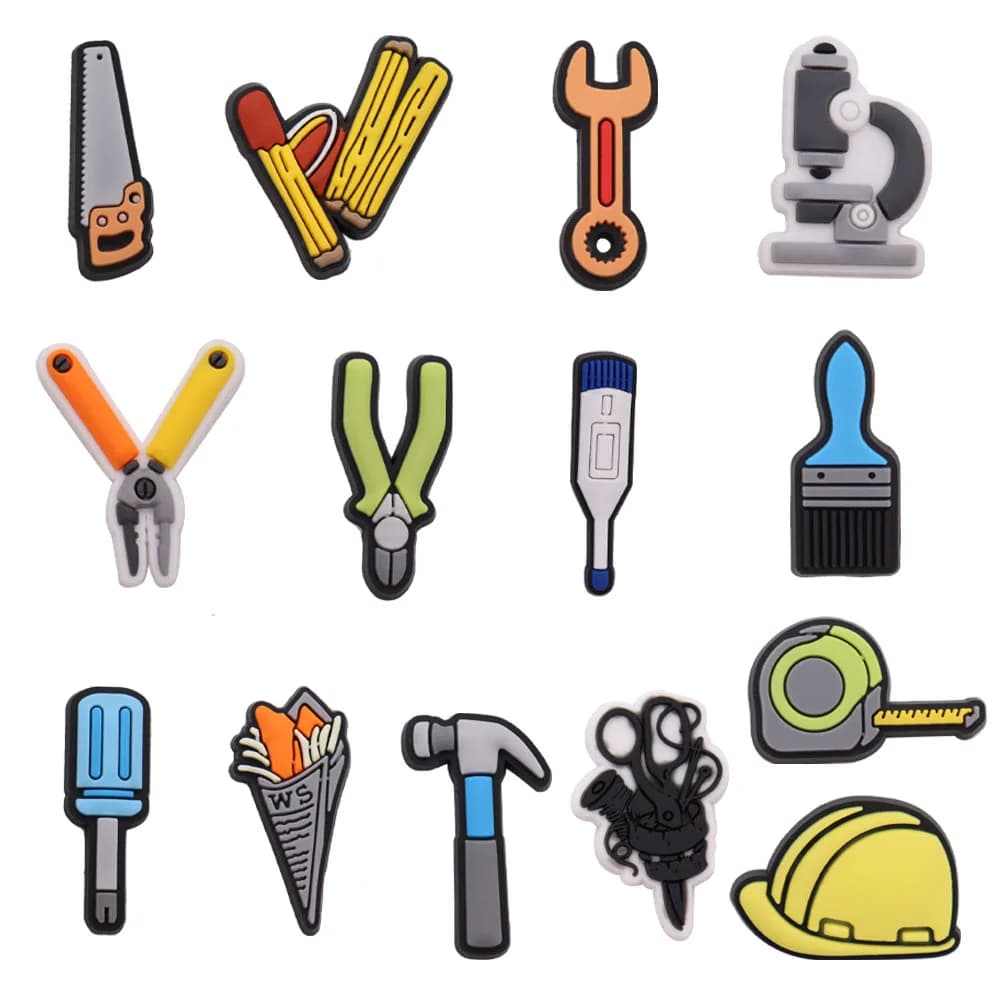 1-14PCS PVC Strumento Spazzola Pinze Forbici Cacciavite Chiave Martello Pendenti e Ciondoli Pantofola Accessori Per Fibbia Zoccoli Spilli Ragazzi Regalo