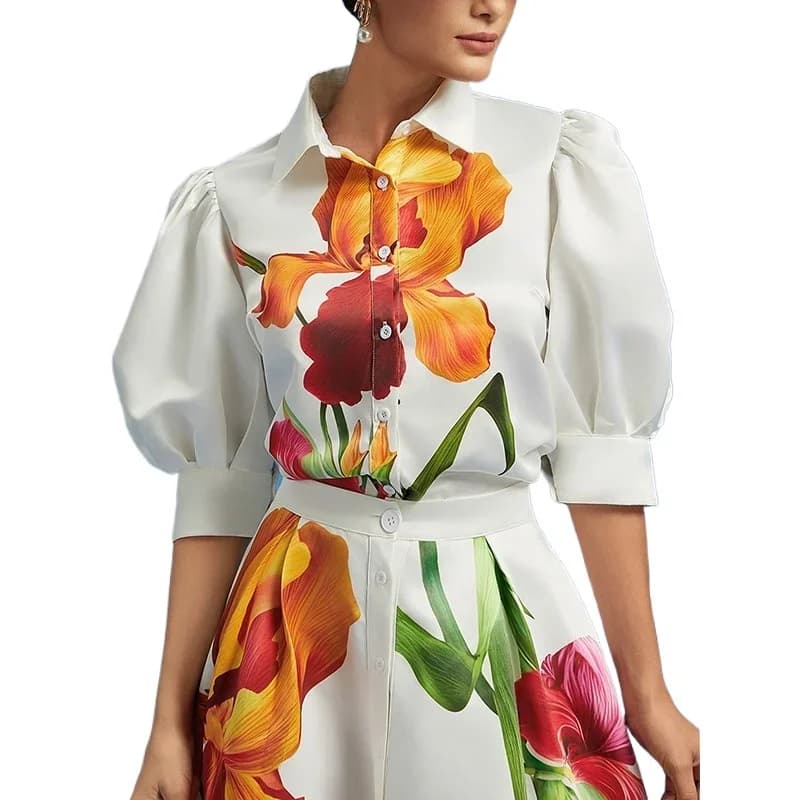 Krisstarsgirls Camicetta stampata floreale vintage per donna 2025 Estate Autunno Bottoni Maniche a sbuffo Camicie e camicette a pieghe Top Donna