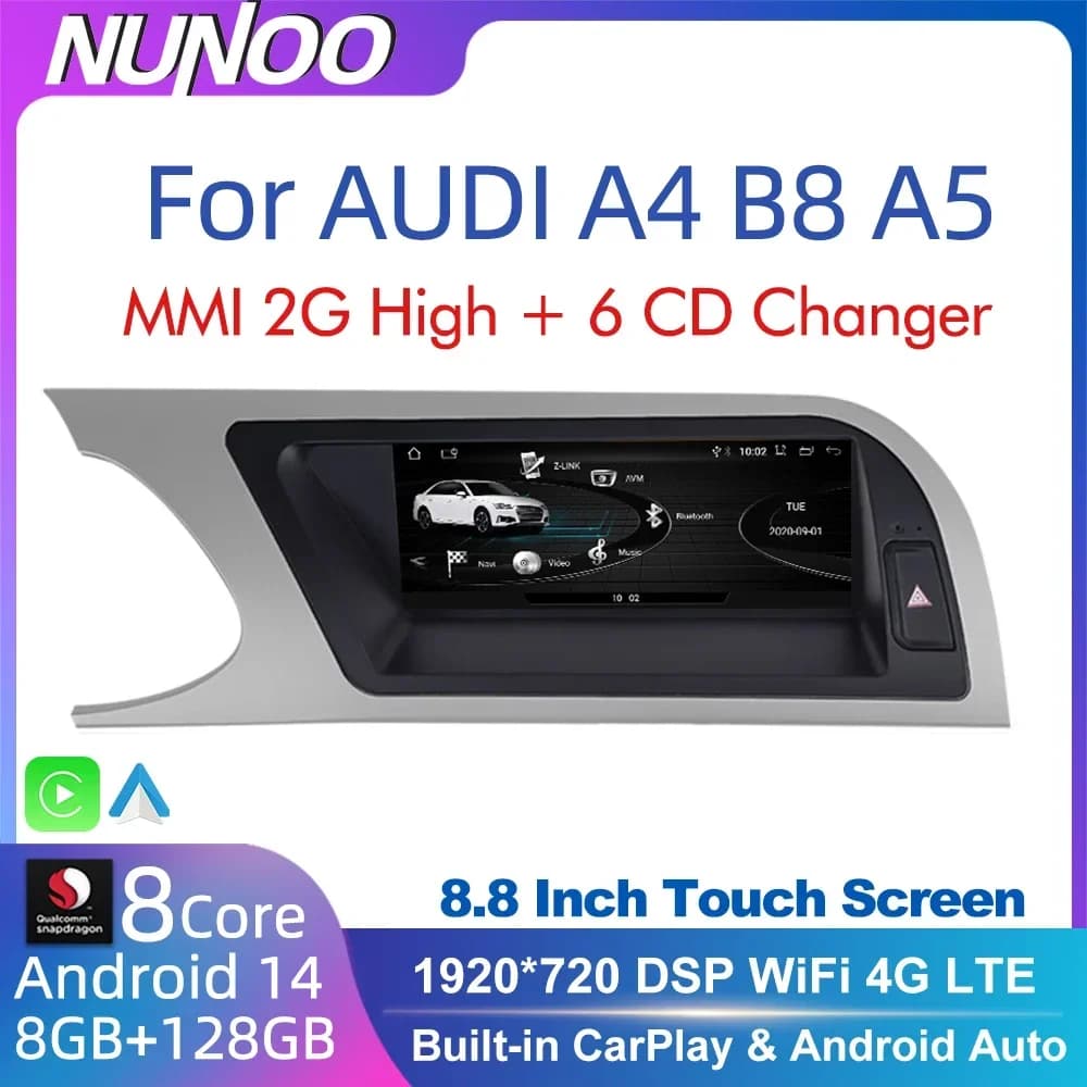 CarPlay for Audi A4 B8 A5 2008 2009 2010 MMI 2G High CD Changer Android 14 8+128GB Multimedia Car Reader GPS Stereo Navigator Screen