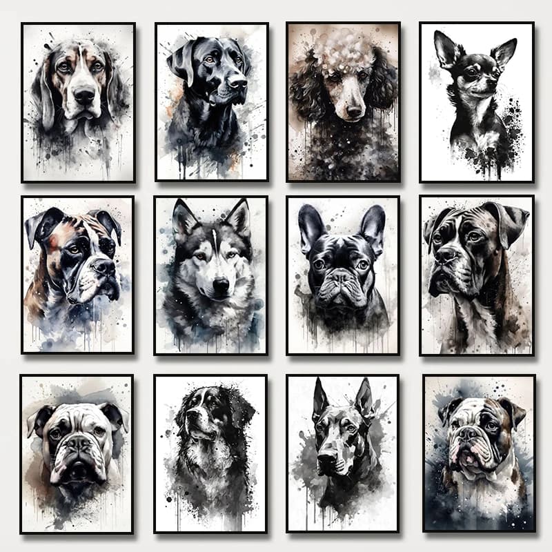 1pc frameless Canvas Painting Watercolor Dog Portrait Siberian Husky Bulldog Poodle Dog Canvas Painting Black Ink Beagle Dog