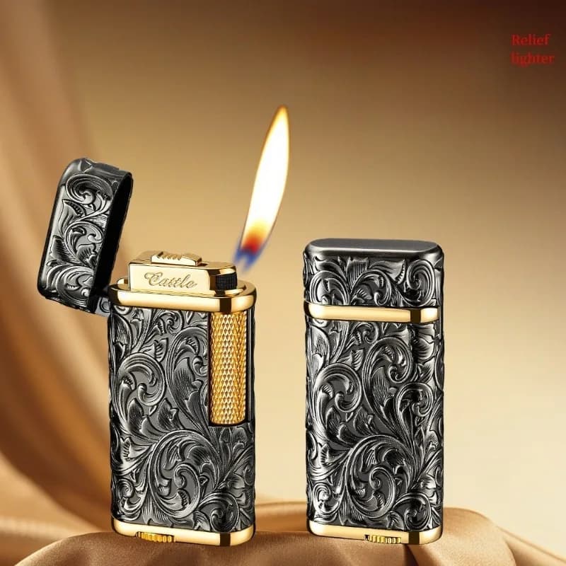 New Metal Square Relief Butane Lighter with Side Wheel Ignition Creative Diagonal High-end Tube Lighter for Men As A Gift