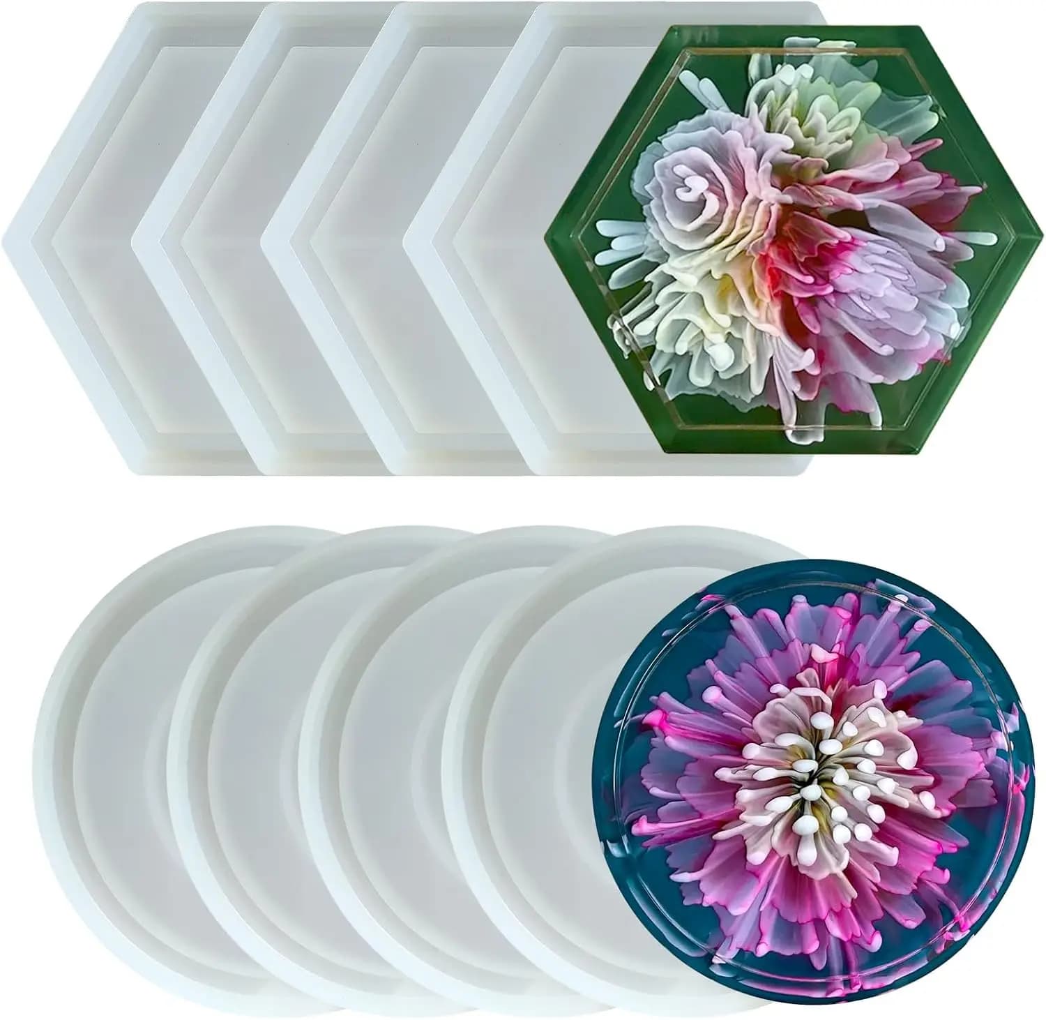8 Pcs Coaster Resin Molds - Durable Silicone Coaster Molds for Epoxy Resin, Round Hexagon Resin Tray Mold for DIY Trinket Tray,
