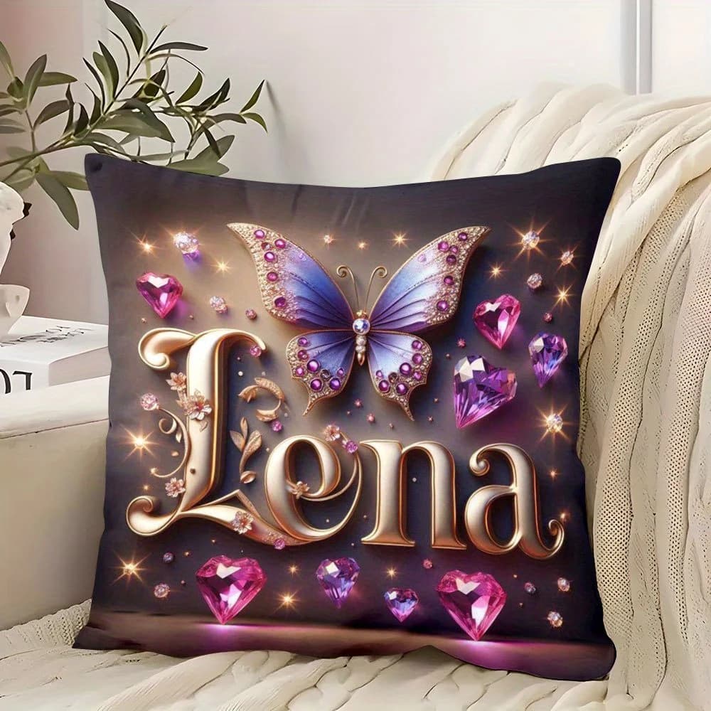 Fodera per cuscino 2D piatta personalizzata di lusso con nome Lena e farfalla con diamanti, per divano e sedia