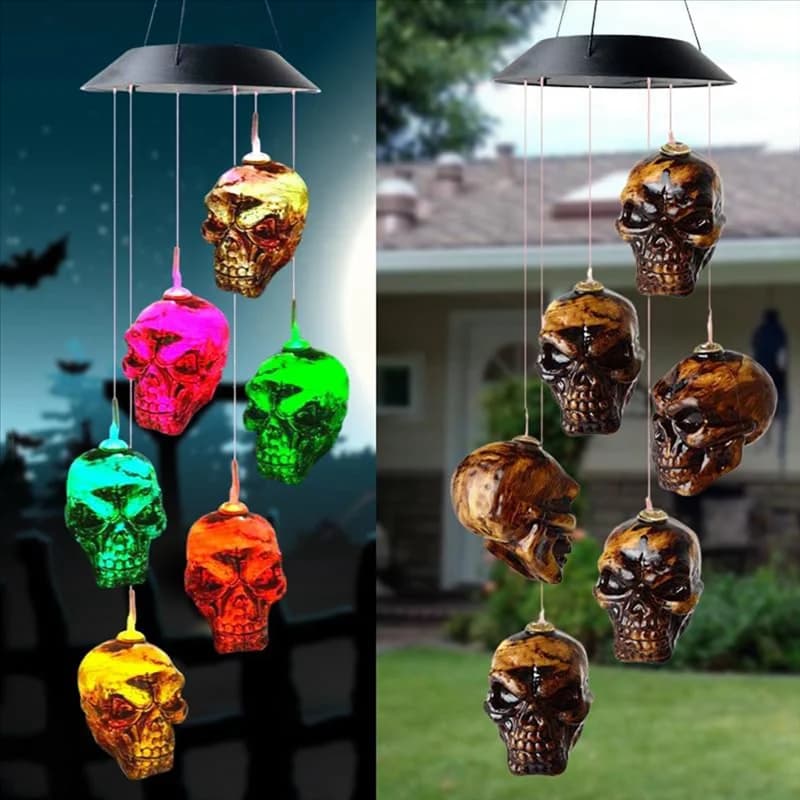 AA67-Halloween Skull Skeleton LED Solar Wind Chimes For Outside For Halloween Outdoor Porch Yard Garden Durable