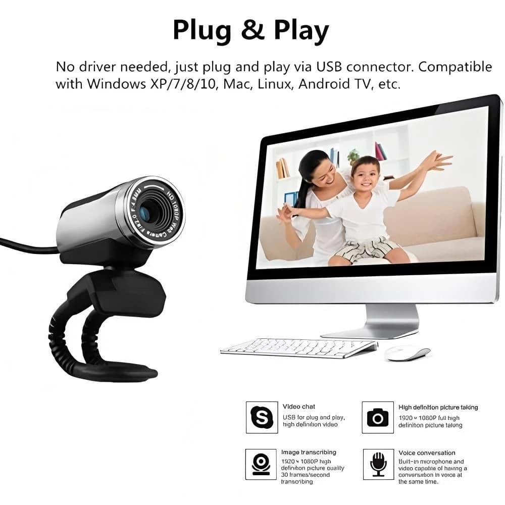 Manual Focus 1080P HD Webcam, Driver‑Free USB Computer Camera with Microphone for Network Video