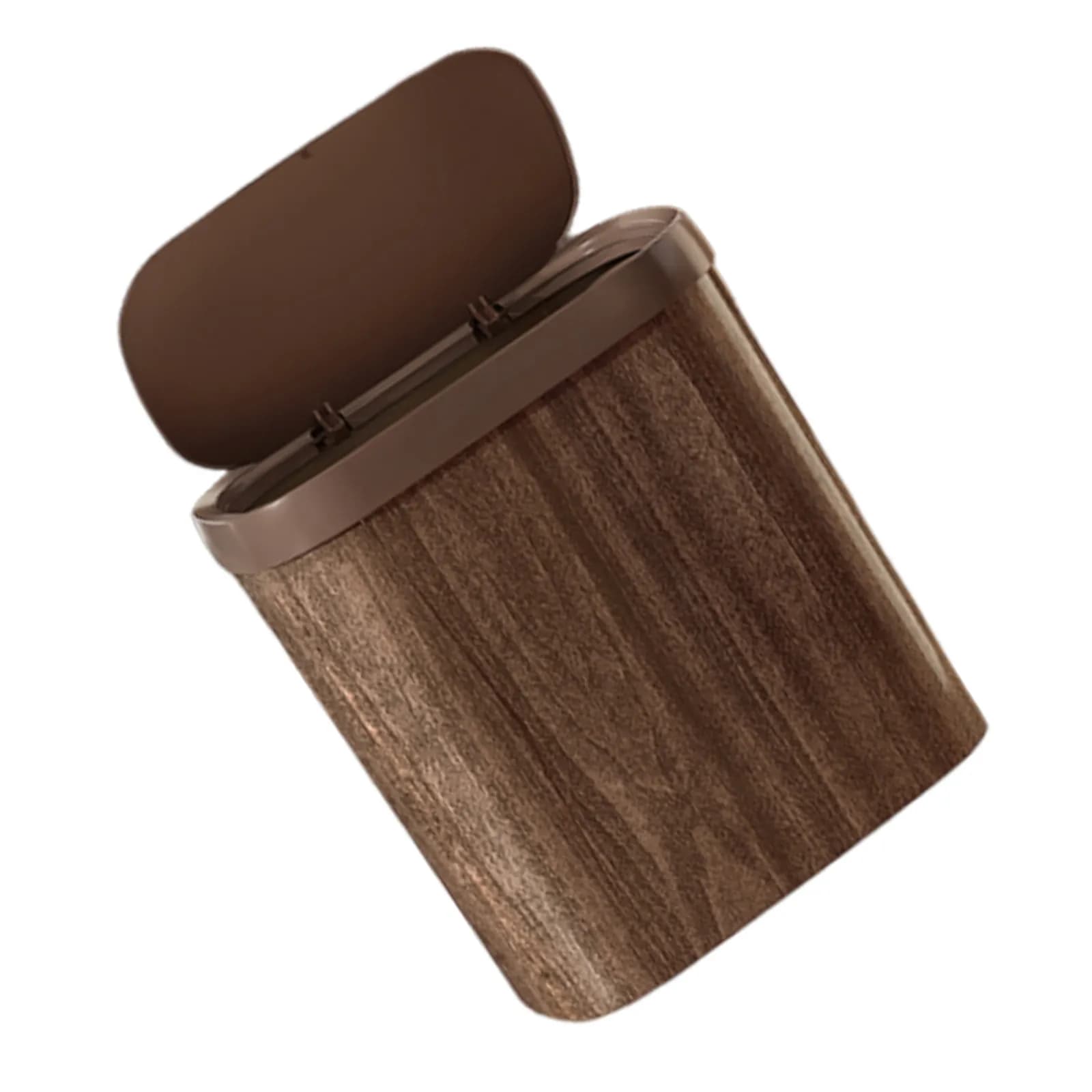 9L Trash Can with Lid One Touch Opening Slim Space Saving PP Waste Bin Coffee Wood Grain Finish Small Apartment