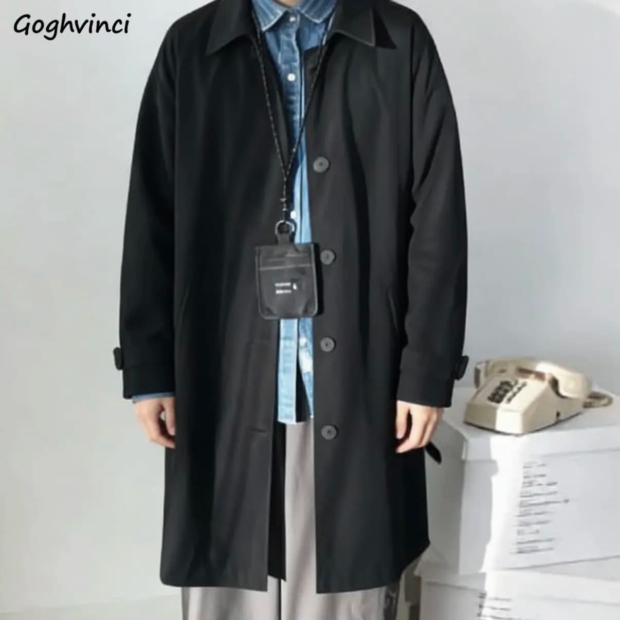 Trench Semplice da Uomo Monopetto Stile Harajuku, Cappotto Lungo con Colletto Risvoltato, Giacca Casual Oversize High Street Versatile