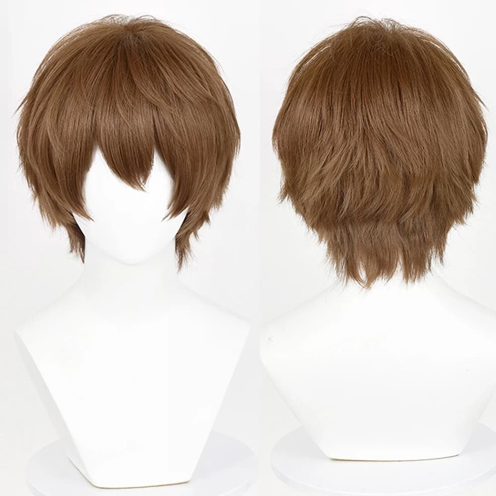 Synthetic Brown Short Straight Men Wigs with Bangs Anime Game Cosplay Fluffy Heat Resistant Wig for Daily Party