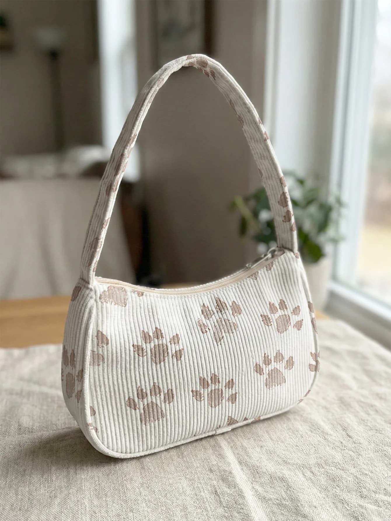 Light Brown Paw Print Shoulder Bag, Corduroy Underarm Bag For Daily Casual Use