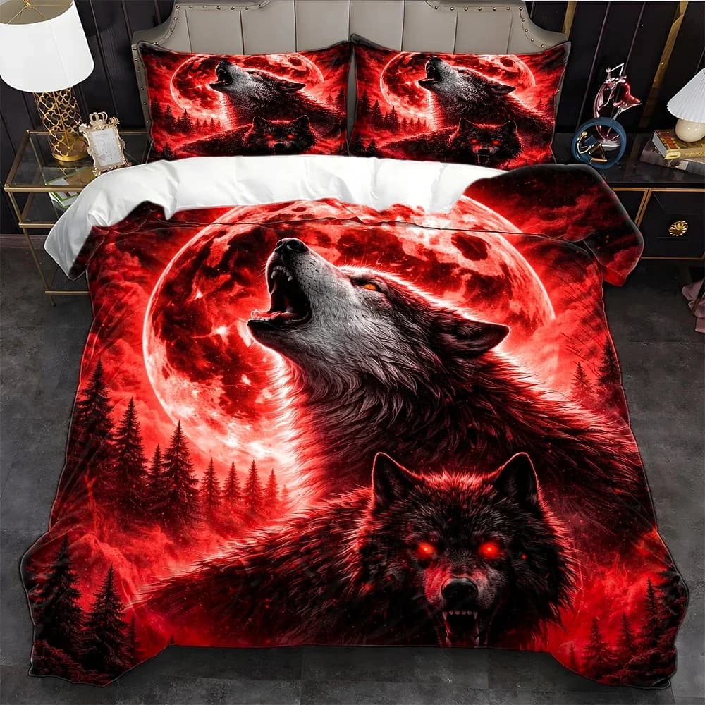 3Pc Wild Red Moon Wolf Shadow Duvet Cover Set (1*Duvet Cover + 2*Pillowcases), Three-Piece Bedding Set Suitable for All Seasons, Machine Washable Invisible Zipper Personal Bed Cover, Home Dormitory Master Bedroom Guest Room Wolf Totem Bedding Set, Dark Style Red Moon Wolf Print Large Duvet Cover Three-Piece Set, Personalized Trendy Forest Wolf Elements Bedding Set 2D Flat Print