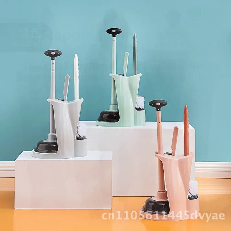 Set Multifunzionale di Sturalavandini e Spazzole con Base a Ventosa, Pulitore per Tubi WC in Un Solo Passaggio, Verde/Grigio/Rosa, in Plastica, Tre Pezzi