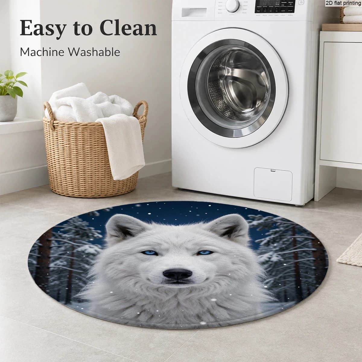 Round Small Carpet with White Snow Wolf Pattern for Home Use in Bedroom, Living Room, Study; Non-Slip Floor Mat, Easy to Clean, Machine Washable, Available in Multiple Sizes, Suitable for Indoor Areas Like Entryway, Bathroom, Kitchen, Balcony, Etc., with Unique Animal Patterns, Home Decor Rug, Soft