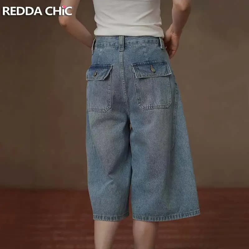 ReddaChic Big Pocket Cargo Jeans Jorts Women Trendy Distressed Baggy High Rise Straight Denim Bermuda Shorts Korea Everyday Wear