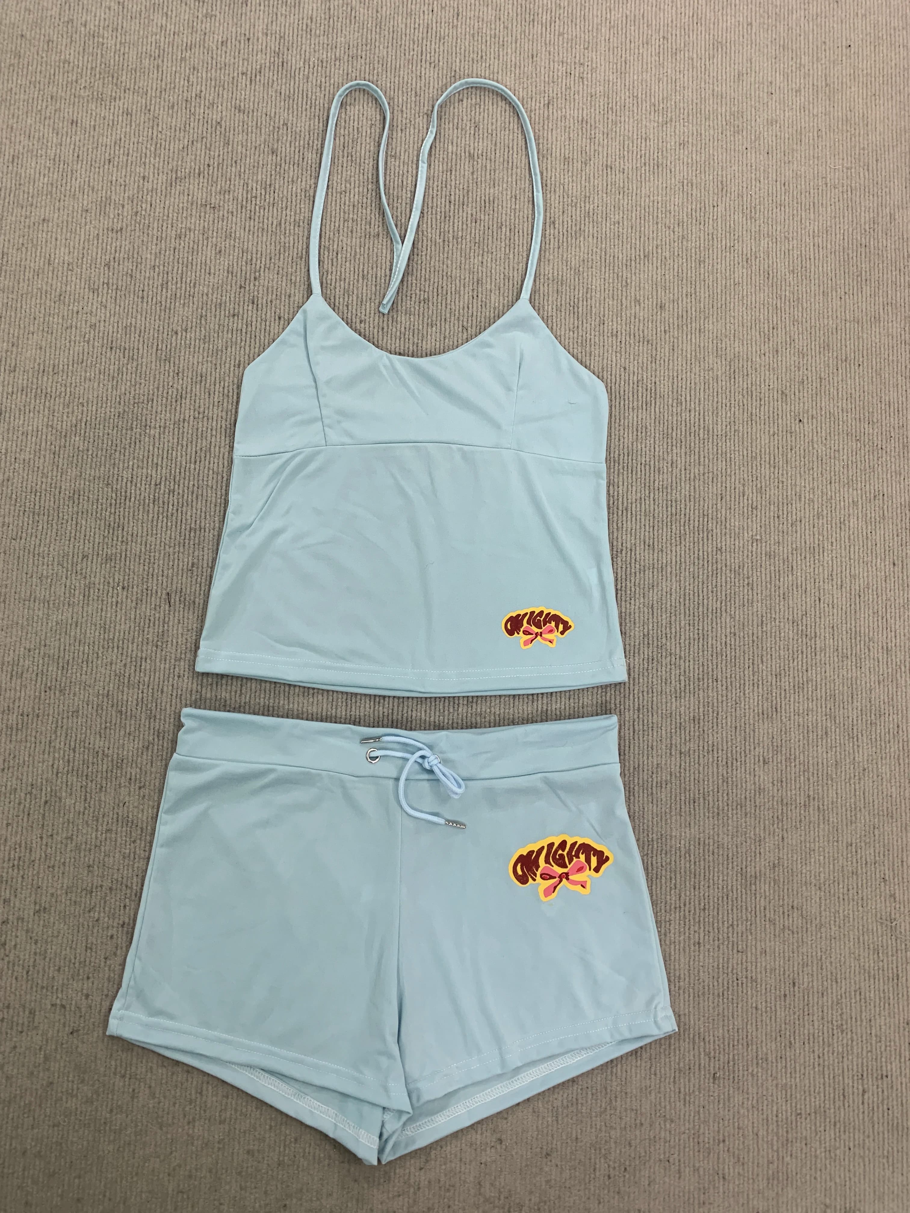 Completo due pezzi estivo American Sweetheart Hot Girl Style con stampa e scollo all'americana: Top a canotta con scollo all'americana e pantaloncini con coulisse