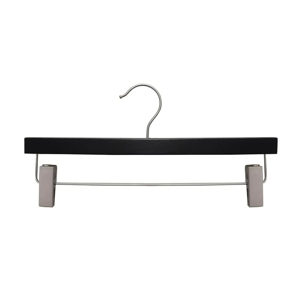 14 Hangers in Wood for Pants and skirts with Chromed Hooks and Clips, Black (Pack of 100)