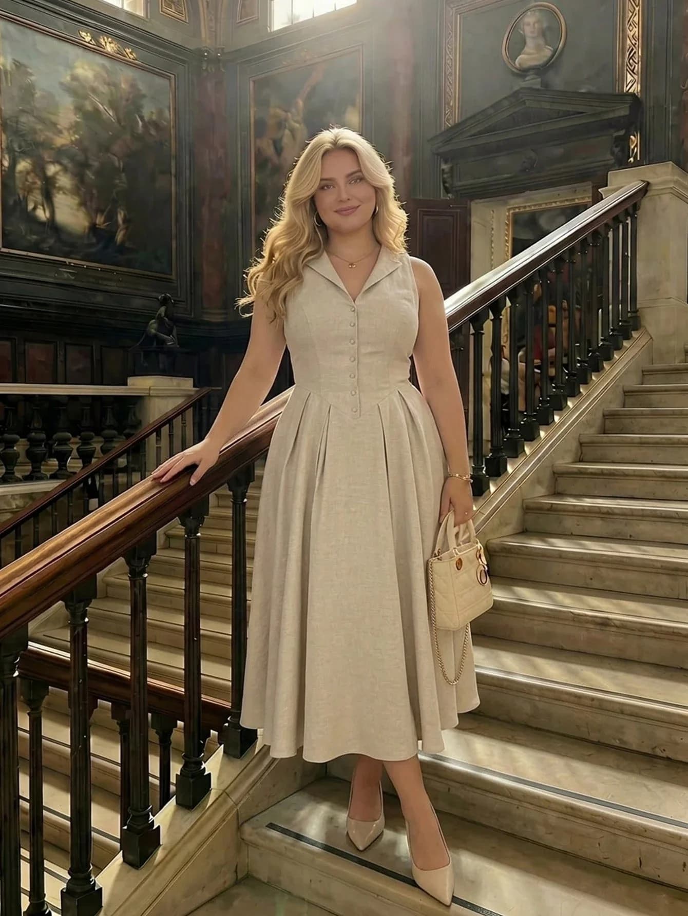 Elegant Beige Button Front Midi Dress With Turn-Down Collar And Cinched Waist