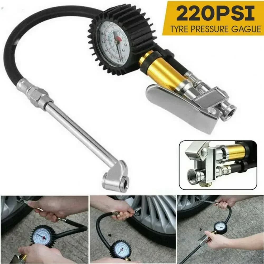 Manometro per pneumatici, resistente all'usura, con tubo rinforzato, display a doppia scala, manuale, alta precisione, stabile, 220 PSI, per valigie e altri veicoli.