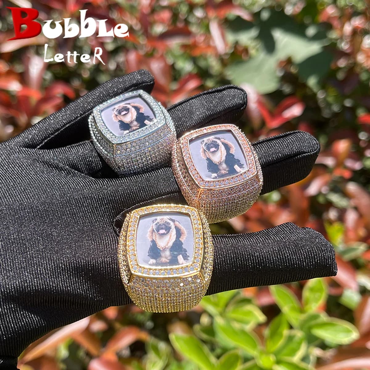 Personalized photo ring with bubble letter for man Iced Out Prong Setting jewelry Hip Hop 2023 Trend