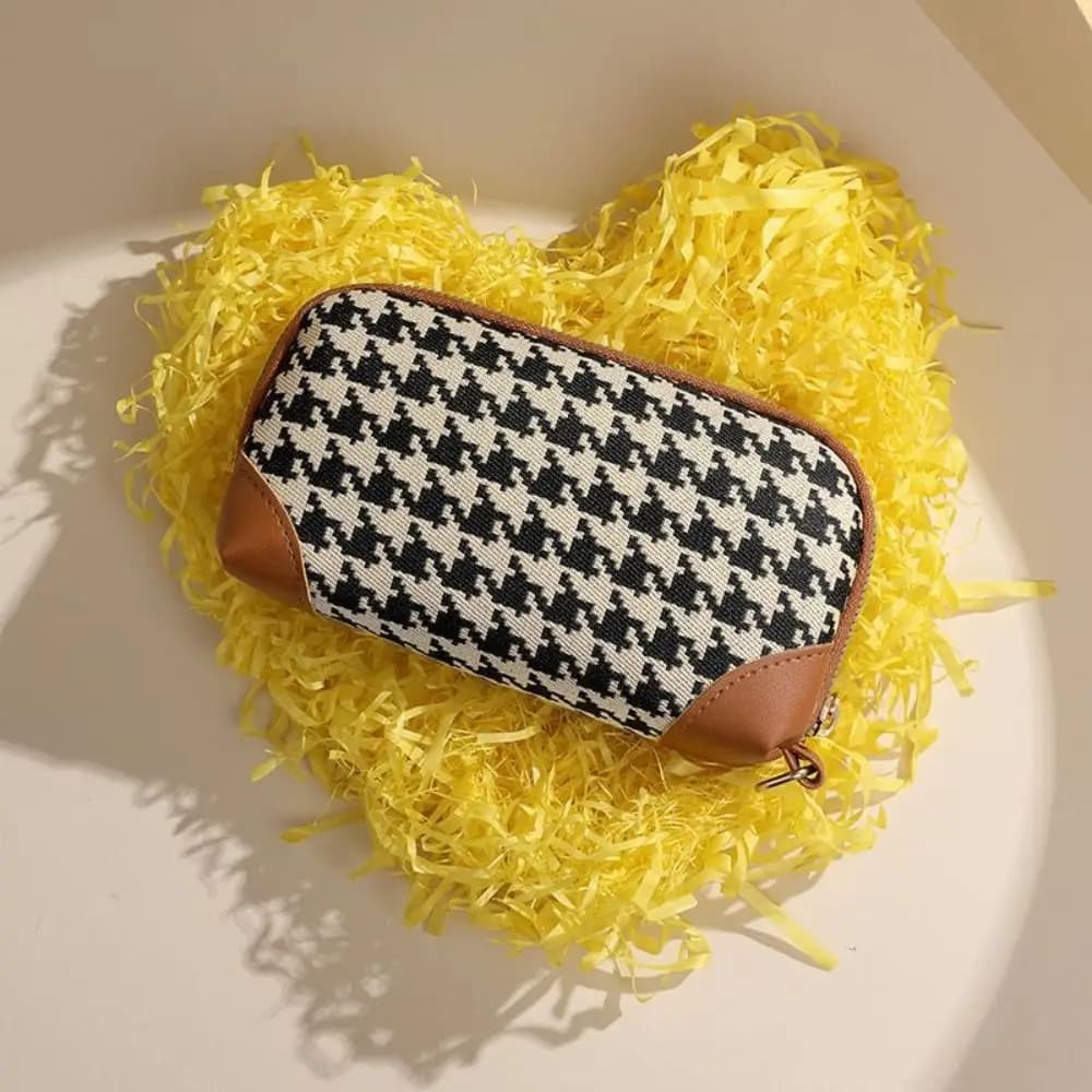 Fashion Pu Leather Long Style Wallet Car Key Bag Canvas Houndstooth Zipper Purse Printing Coin Purse Square Change Purse Outdoor