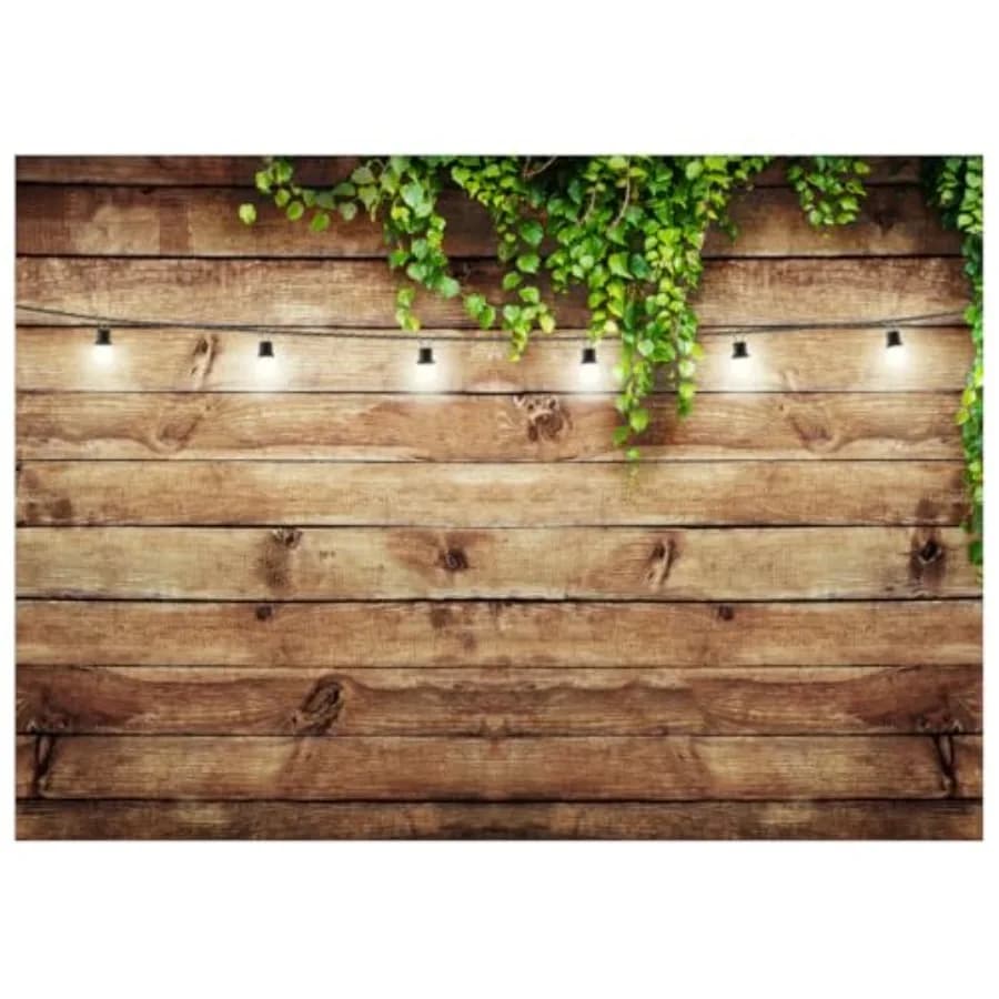 10X8FT Rustic Wood Plank Photography Backdrop Brown String Lights and Green Ivy Theme Studio Background Weddings Birthday Baby