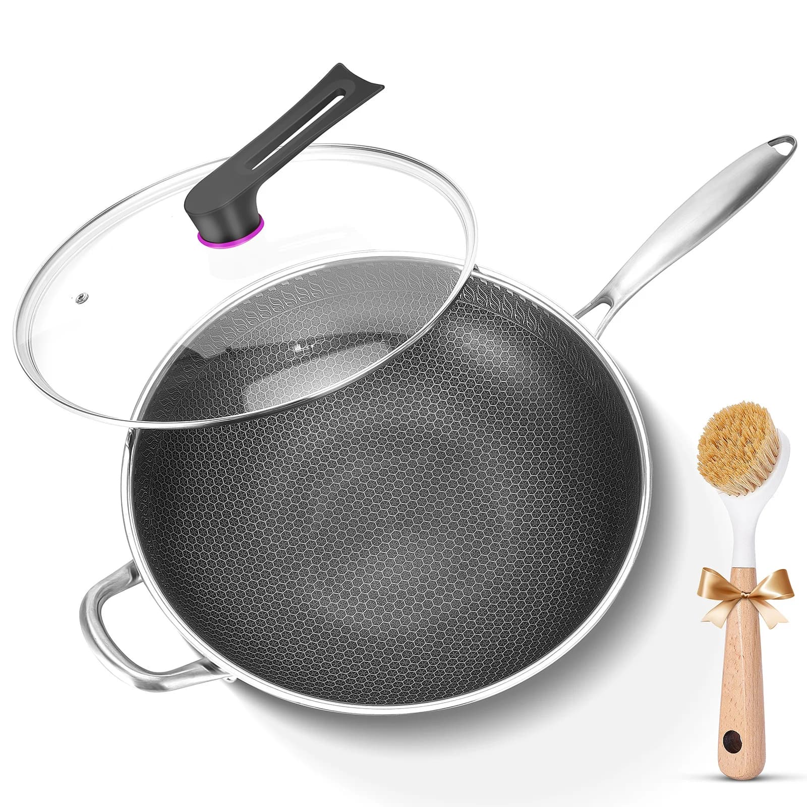 Wok, 13 inch hybrid Wok with lid, PFOA-free pots, stainless steel non-stick Wok and non-stick pans