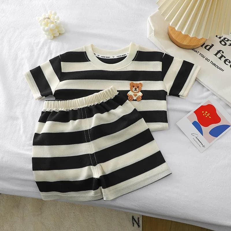 Korean Style Fashion Striped Bear Short Sleeve Suit Children's Clothes Summer T-shirt + Shorts 2pc/set Kids Costume Casual Suit