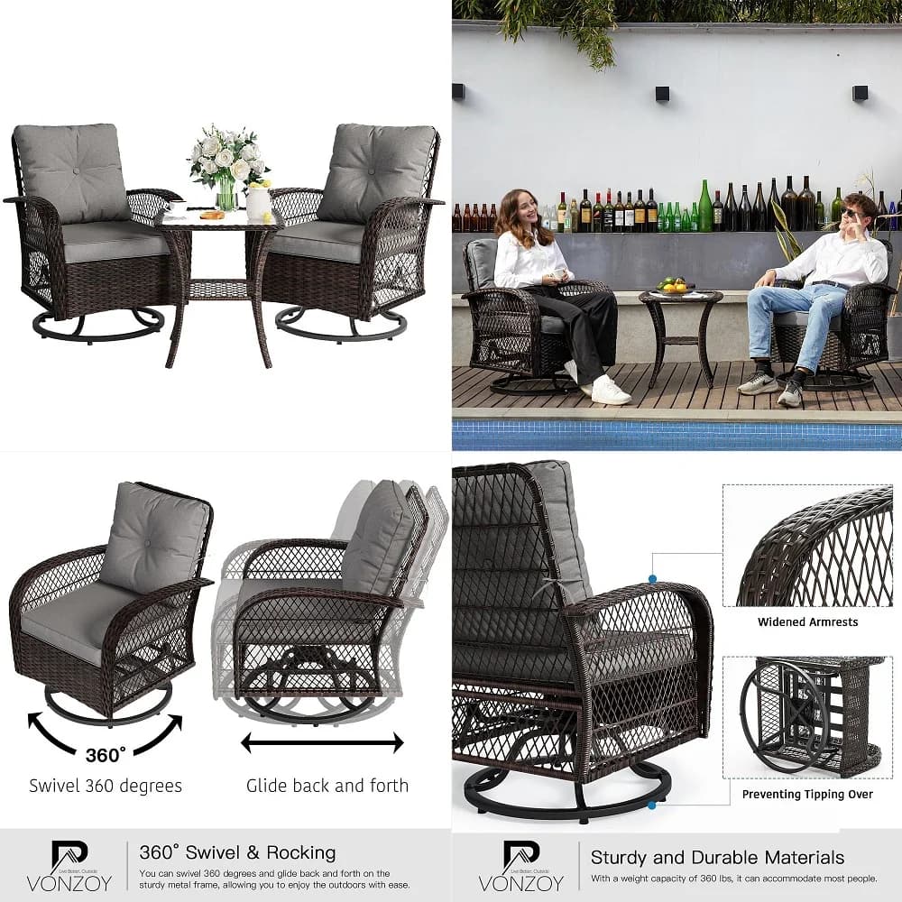 Set di mobili da giardino, sedia a dondolo girevole da esterno, set bistrot in vimini con sedia a dondolo, cuscini ispessiti e tavolino