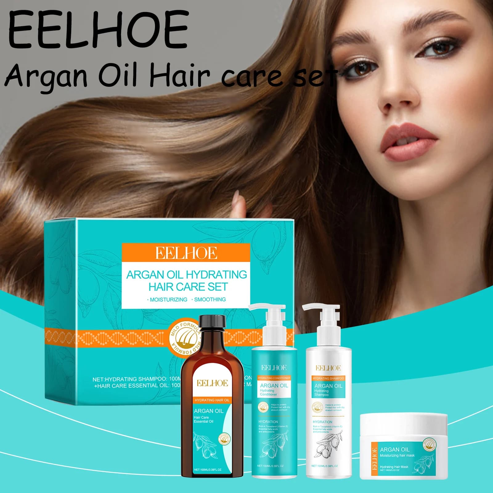 EELHOE Hair Care Set with Argan Oil, Hydrating & Repairer, Reduces Tips Doubles, Reinforces Headset, Led Hair Set