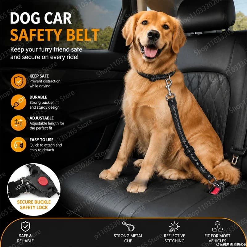 Universal Non-Elastic Dog Vehicle Seat Belt, Durable Reflective Strap, Secure Buckle for All Breeds Pet Car Safety Use
