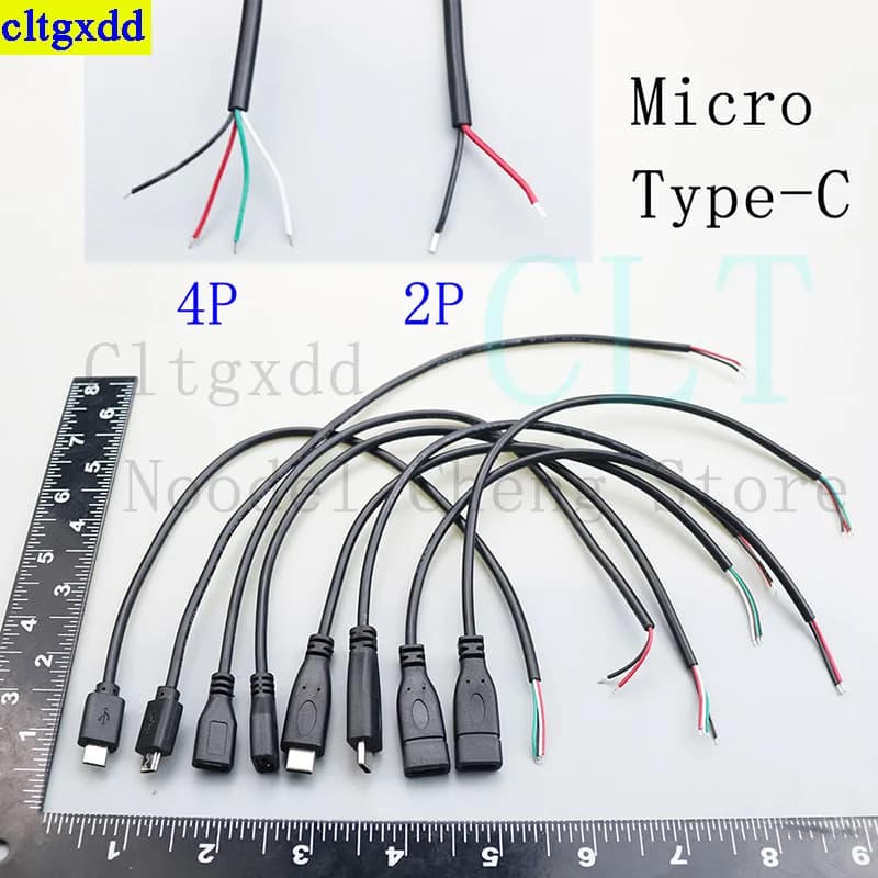 Cltgxdd 1 Piece Micro USB 2.0 Type-C Power Data Cable, 4-Pin/2-Pin Male and Female Charger Power Data Cable Connector, 25cm