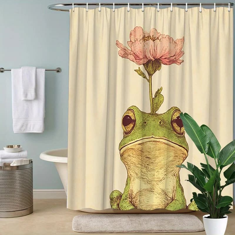Tenda da doccia vintage con rana verde e fiore rosa da 1 pezzo - Poliestere disegnato a mano, design stravagante per bagni moderni