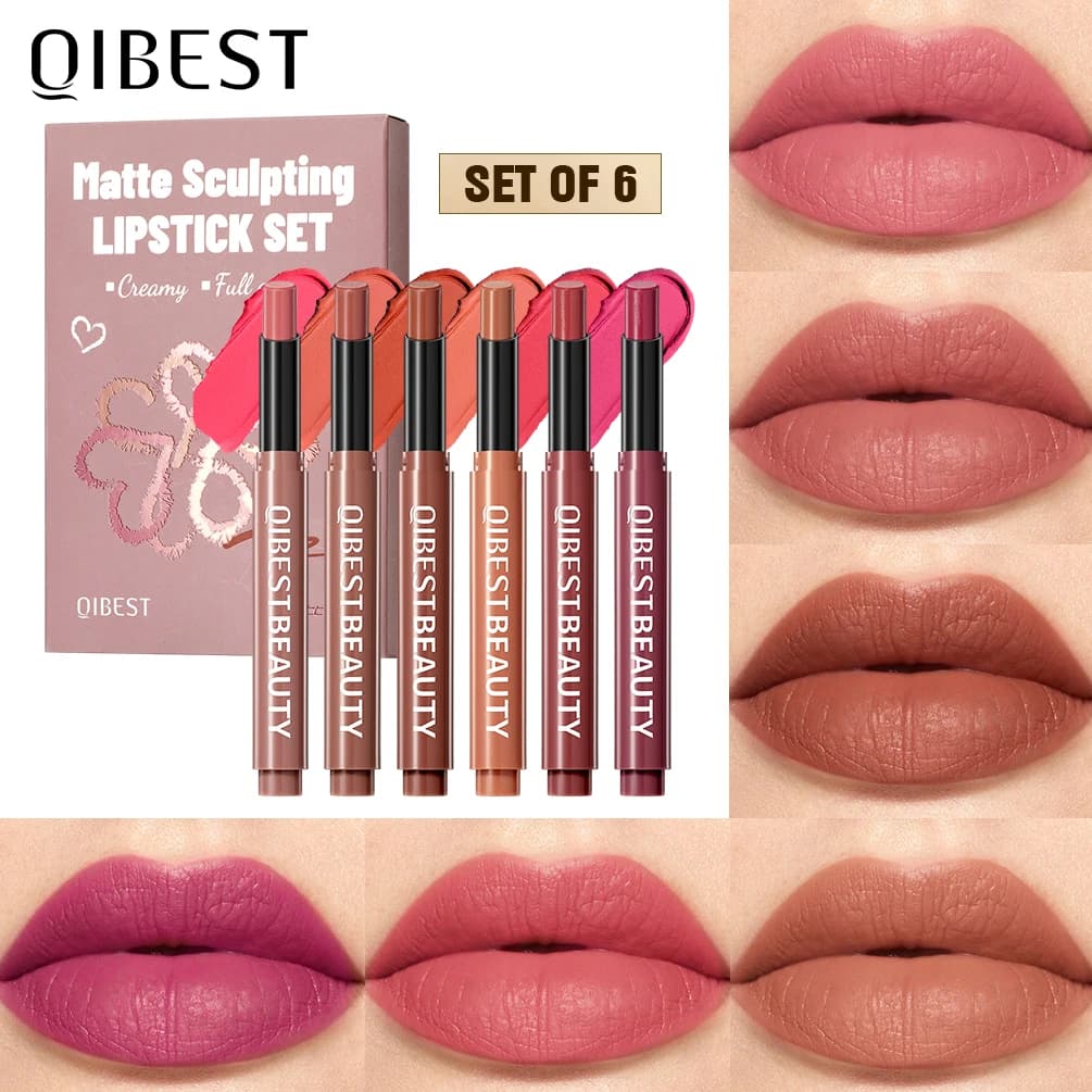 QIBEST Set di 6 Rossetti Opachi in Penna, Lunga Durata, Colori Nude, Viola e Marrone, Tinta Labbra Idratante e Nutriente