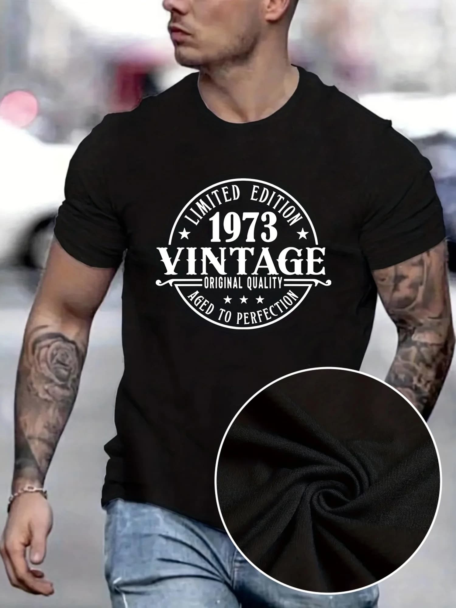 Men's summer 100% pure cotton fashionable casual retro 1973 letter pattern printed loose sports round neck short sleeved T-shirt