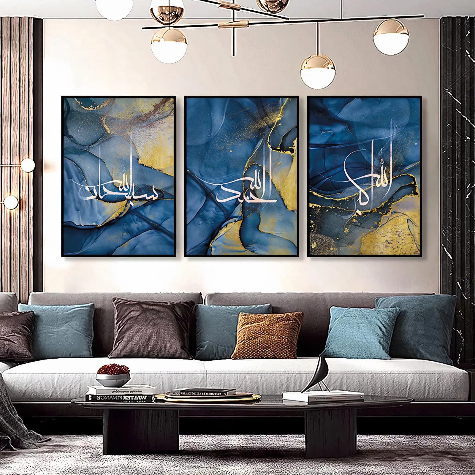 3pcs Marble Blue Islamic Calligraphy Print Set Muslim Home Canvas Art Poster Home Room Living Room Gallery Decor Eid Gift