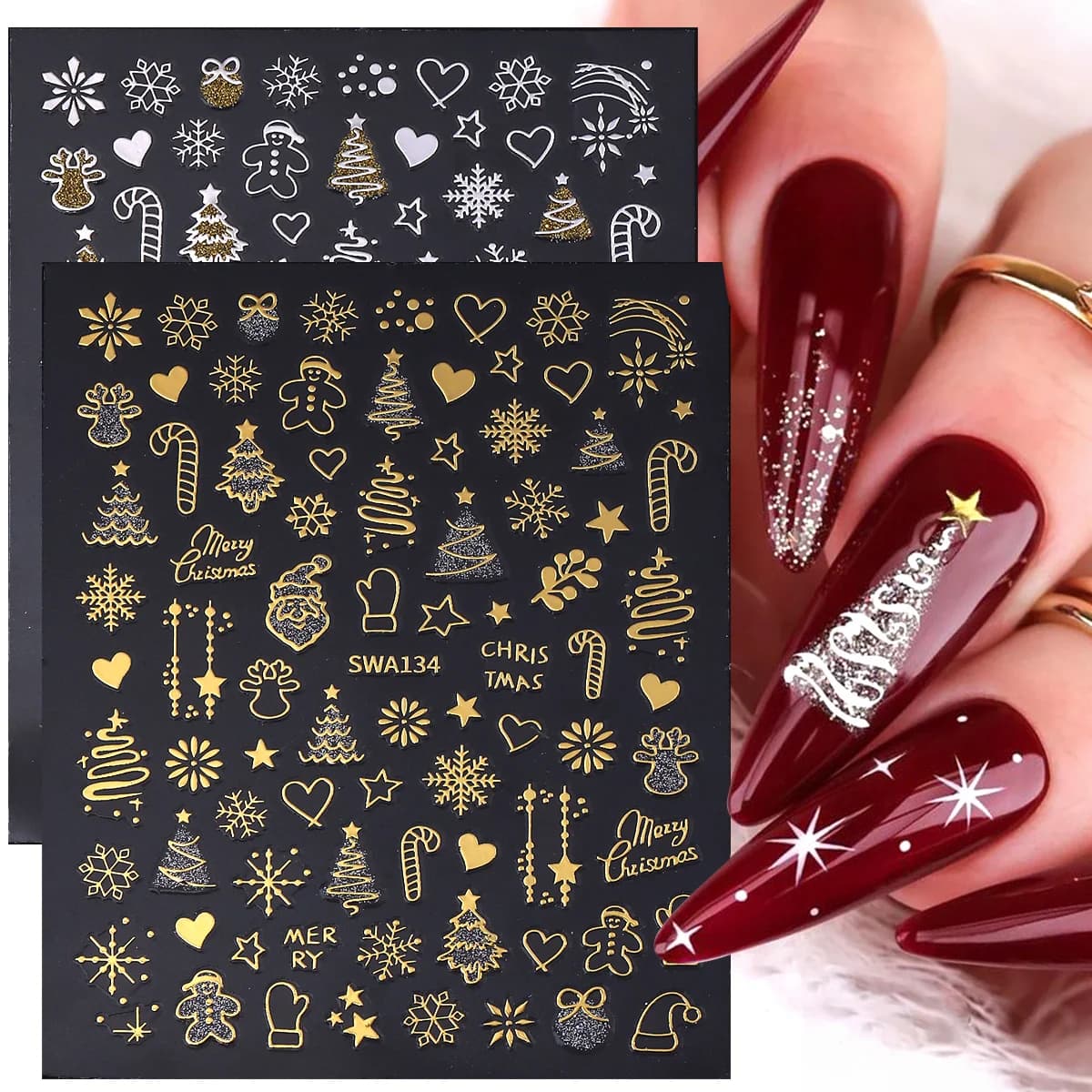 2 pieces gold silver christmas nail stickers 3D ginger tree reflective gingerbread snowflakes decals adhesive winter manicure