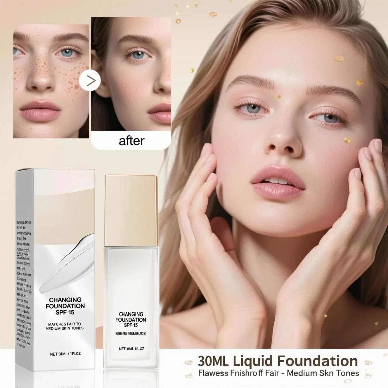 Fondotinta cambiante SPF 15 Trucco liquido leggero per una pelle chiara a media, copertura naturale idratante con acido ialuronico