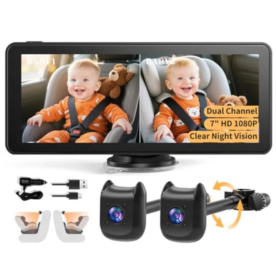 Monitor per Bambini con Doppia Telecamera per Auto e Schermo Diviso da 6,9 Pollici - Telecamera HD 1080P per Seggiolino Auto con Rotazione a 360 Gradi - Visione Notturna e Rilevamento Automatico