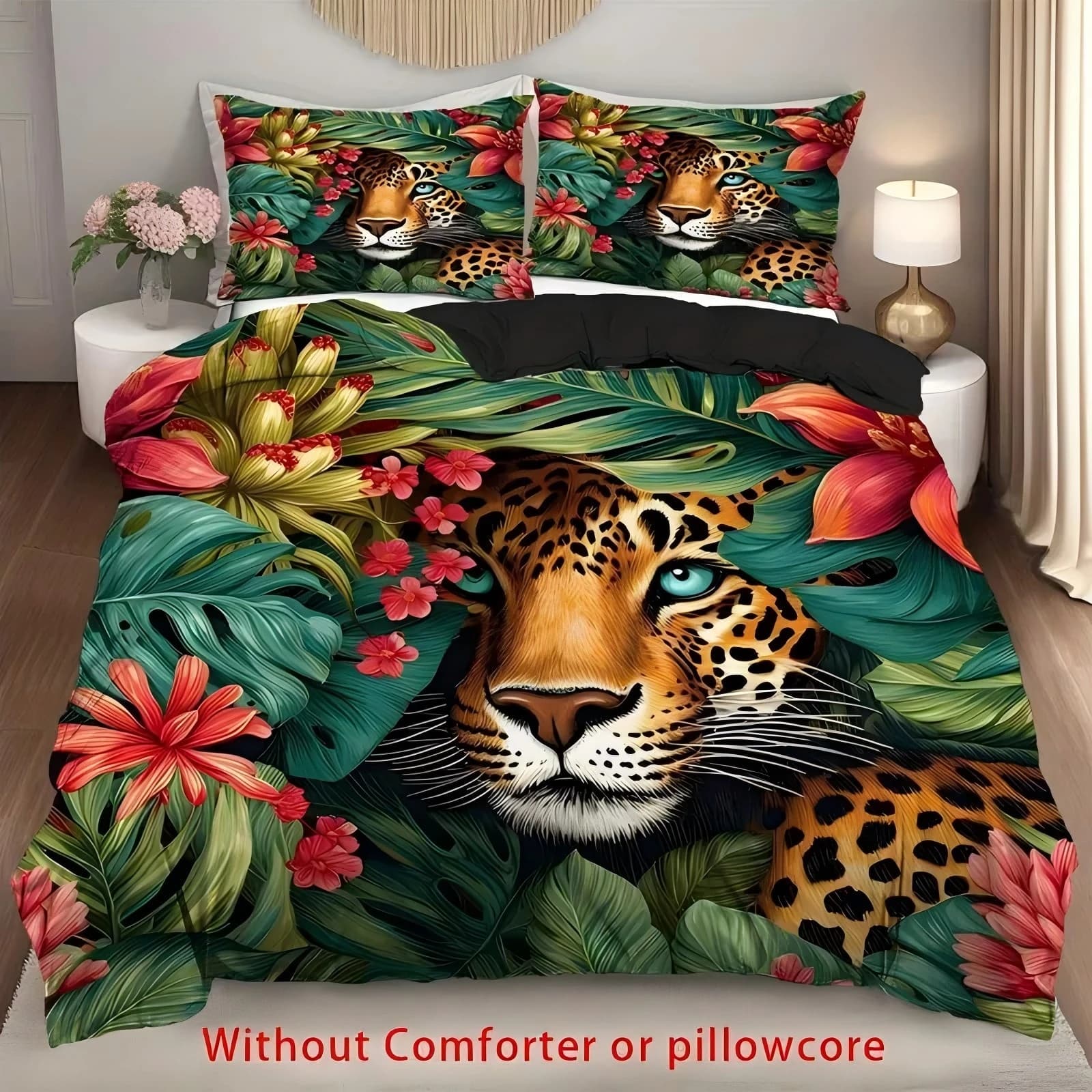 Set di biancheria da letto con stampa 3D con motivo leopardato a foglia verde tropicale, copripiumino di lusso per la casa, morbido e confortevole, federa per copripiumino
