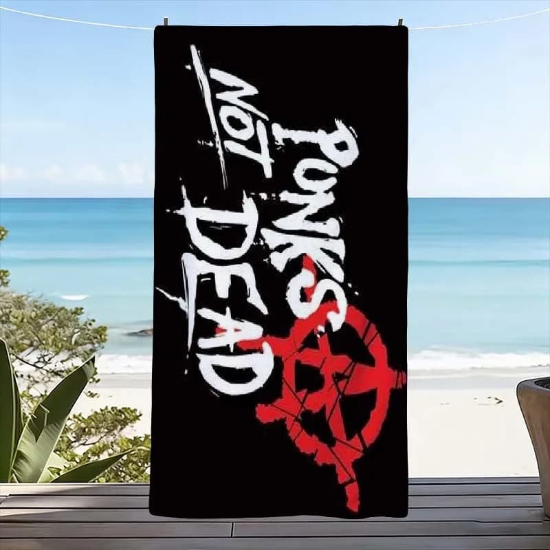 Punk Rock Style Beach Towel Oversized Graphic Print Summer Resort Vacation Mat Black Towel 80x160cm for Beach Party Picnic Mat