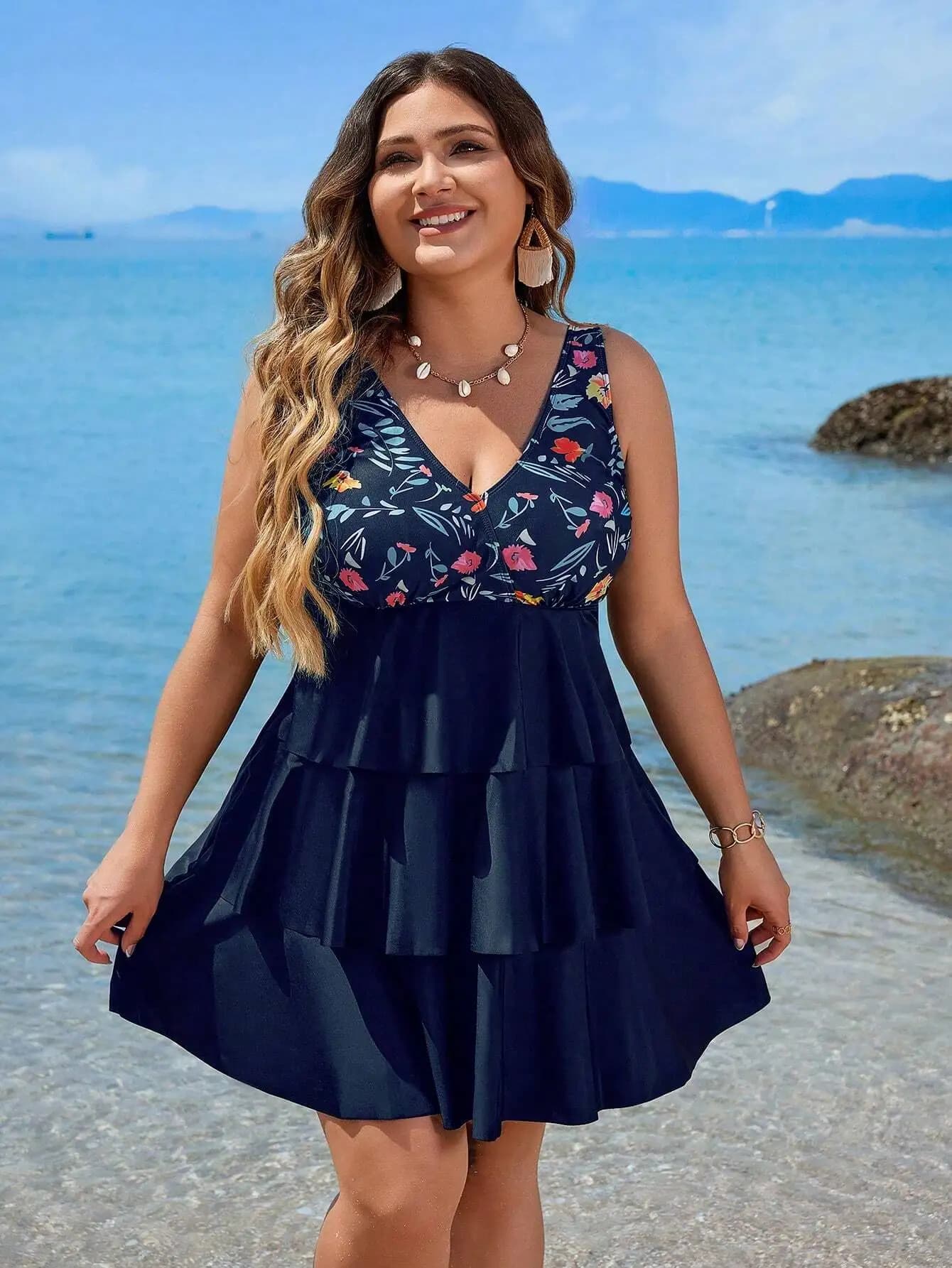 Costume da bagno tankini senza maniche con stampa floreale da donna taglie forti per le vacanze al mare