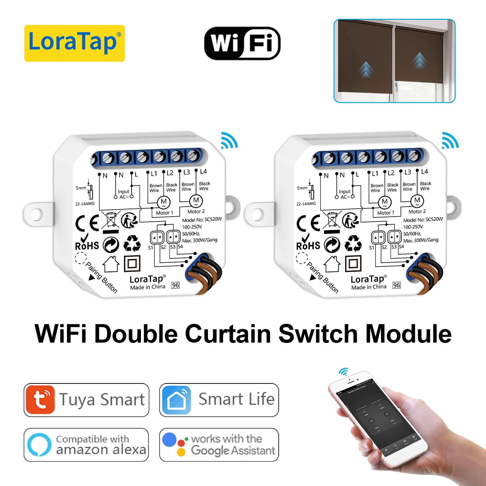 LoraTap Tuya Smart Life Modulo interruttore per tende a doppia tenda per motore elettrico per tapparella Controllo vocale di Google Home Alexa