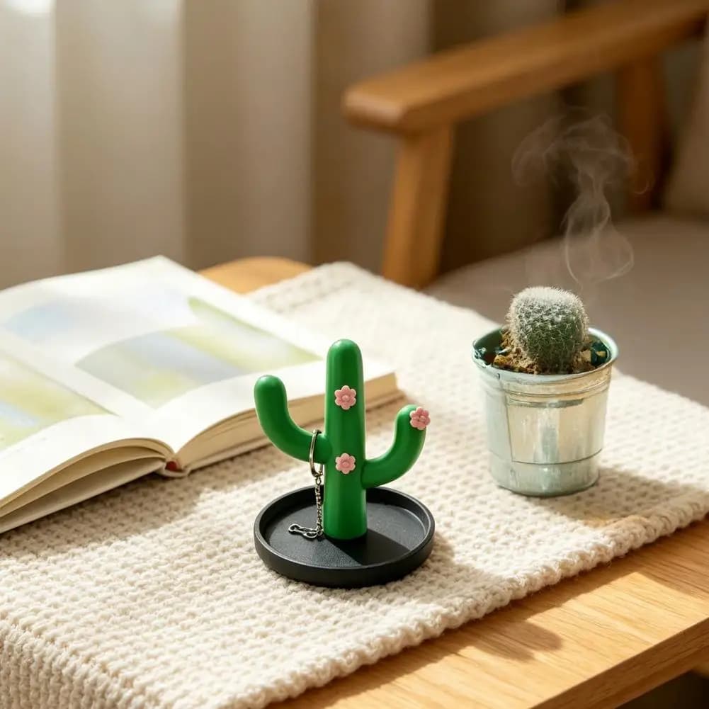 Organizzatore di Gioielli Stampato in 3D, Portaoggetti a Forma di Cactus con Fiore Rosa, Organizer da Scrivania per Anelli, Orecchini e Bracciali