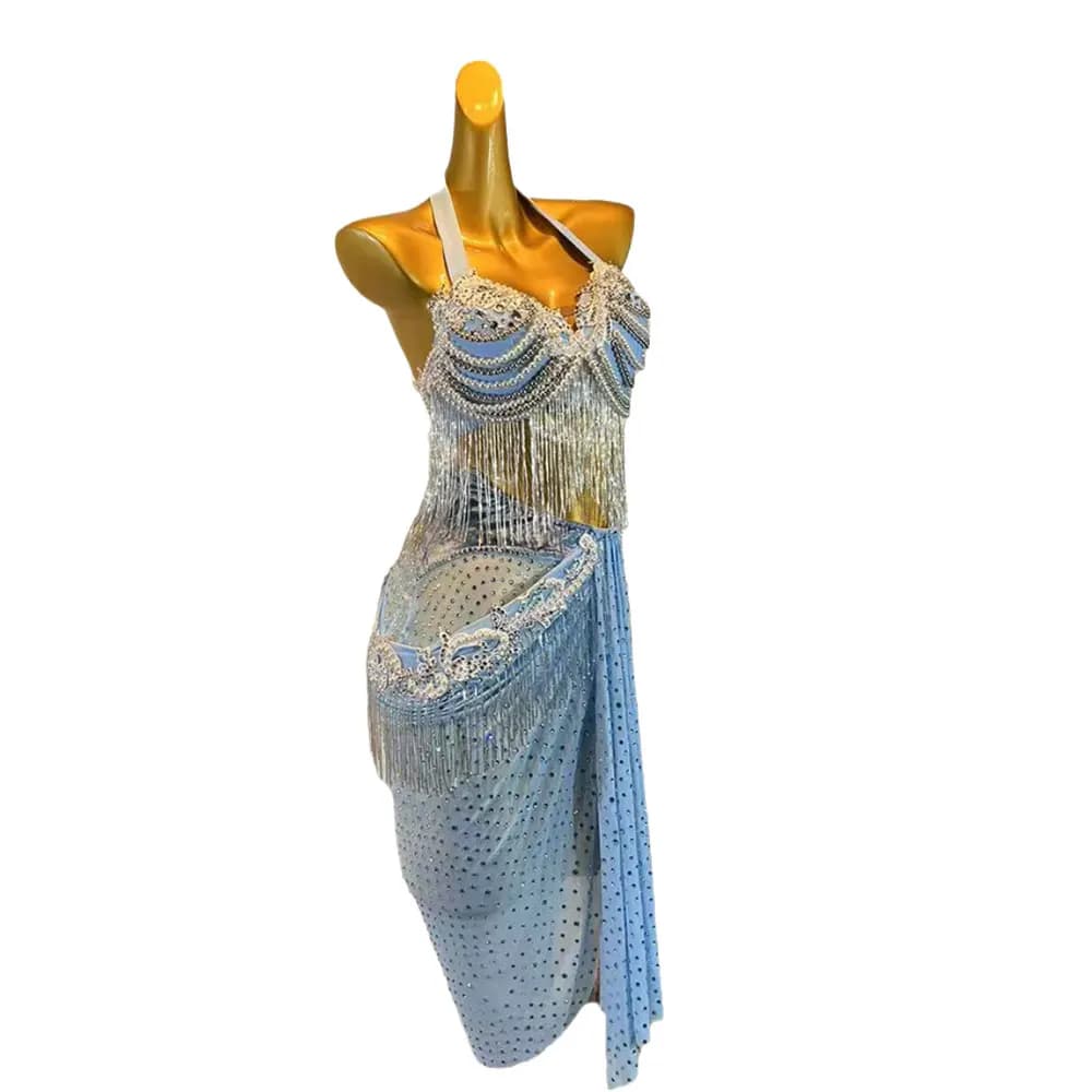 Abito da Ballo Latino con Diamanti per Donna e Bambina, Personalizzato di Alta Gamma con Perle e Fiori Appesi al Collo, Vestito per Esibizioni di Samba