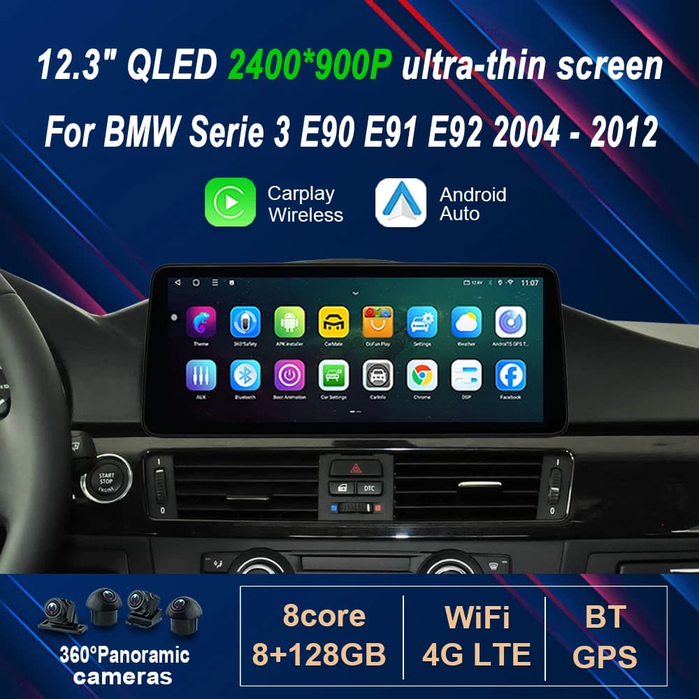 2400*1200P 12.3" ultra-thin Android 14 for BMW Serie 3 E90 E91 E92 2004-2012 Car Radio Video Multimedia Player Wireless Carplay